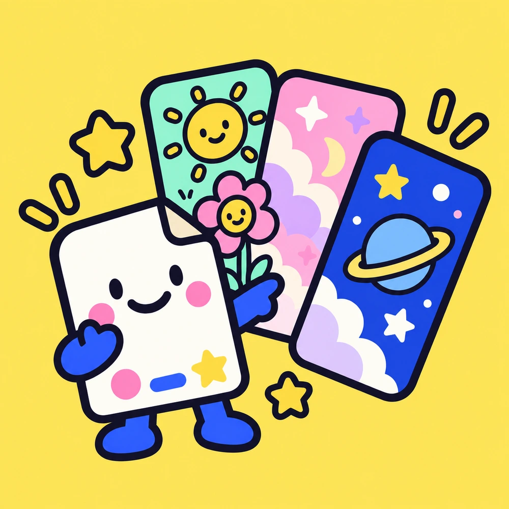 The WordPaper mascot choosing between sunny, dreamy, and outer-space cartoon wallpapers.