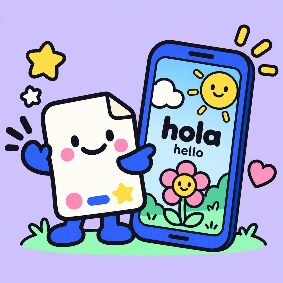 The smiling WordPaper paper mascot presenting a colorful cartoon word wallpaper on a phone.